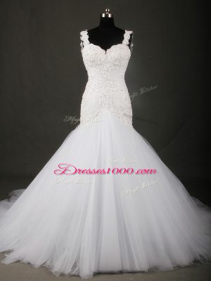 Straps Sleeveless Tulle Wedding Dresses Beading and Lace Court Train Backless