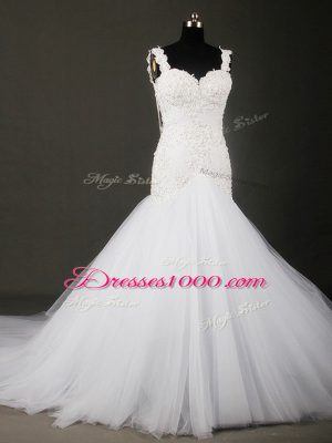 Straps Sleeveless Tulle Wedding Dresses Beading and Lace Court Train Backless