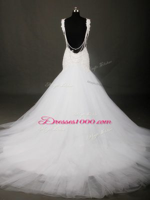 Straps Sleeveless Tulle Wedding Dresses Beading and Lace Court Train Backless