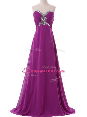 Flare Eggplant Purple Sleeveless Chiffon Brush Train Lace Up Homecoming Dress for Prom and Party and Military Ball