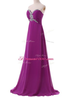 Flare Eggplant Purple Sleeveless Chiffon Brush Train Lace Up Homecoming Dress for Prom and Party and Military Ball