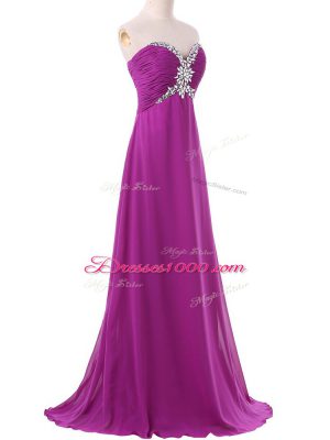 Flare Eggplant Purple Sleeveless Chiffon Brush Train Lace Up Homecoming Dress for Prom and Party and Military Ball