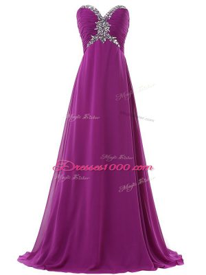 Flare Eggplant Purple Sleeveless Chiffon Brush Train Lace Up Homecoming Dress for Prom and Party and Military Ball