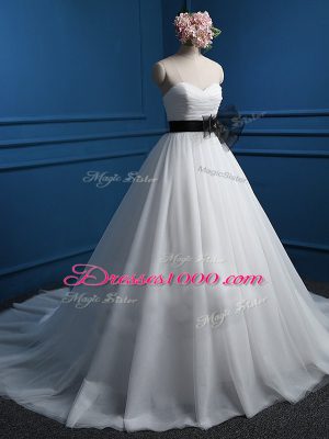 Trendy Sleeveless Tulle Court Train Lace Up Wedding Dress in White with Ruching and Bowknot