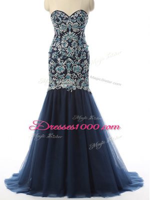 Navy Blue Tulle Zipper Sweetheart Sleeveless With Train Pageant Dress for Womens Beading and Embroidery