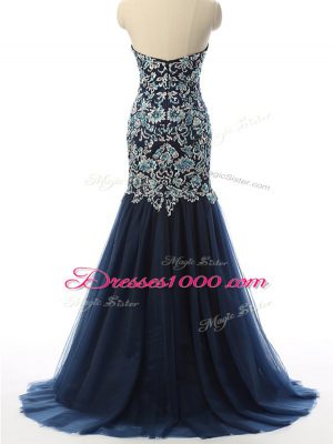 Navy Blue Tulle Zipper Sweetheart Sleeveless With Train Pageant Dress for Womens Beading and Embroidery