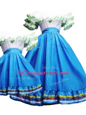 Cheap Short Sleeves Floor Length Pick Ups Lace Up 15 Quinceanera Dress with Baby Blue