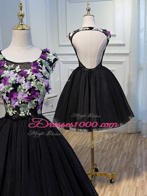Edgy Tulle Scoop Sleeveless Backless Hand Made Flower Cocktail Dresses in Black
