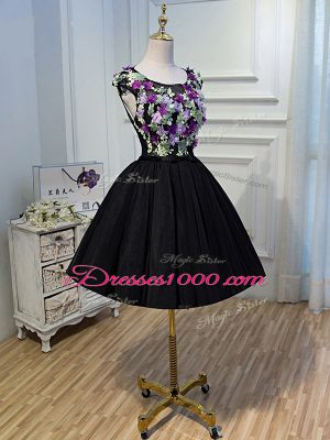 Edgy Tulle Scoop Sleeveless Backless Hand Made Flower Cocktail Dresses in Black