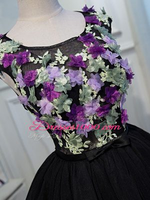 Edgy Tulle Scoop Sleeveless Backless Hand Made Flower Cocktail Dresses in Black