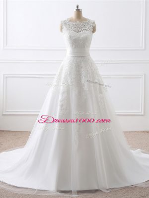 Graceful Sleeveless Tulle Brush Train Zipper Bridal Gown in White with Lace