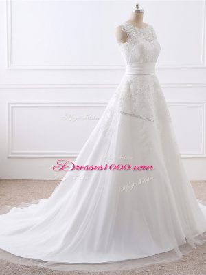 Graceful Sleeveless Tulle Brush Train Zipper Bridal Gown in White with Lace