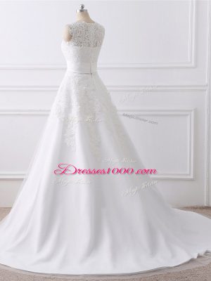 Graceful Sleeveless Tulle Brush Train Zipper Bridal Gown in White with Lace