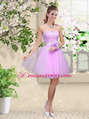 Lavender Tulle Lace Up Sweetheart Sleeveless Knee Length Quinceanera Court of Honor Dress Lace and Belt