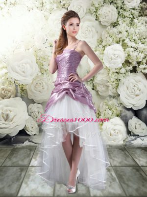 White And Purple Lace Up Wedding Gown Ruffles Sleeveless High Low