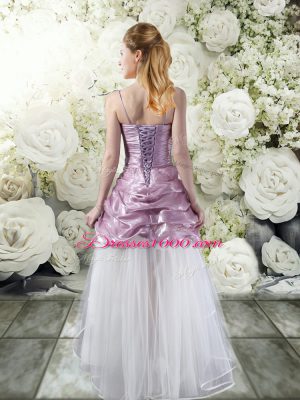 White And Purple Lace Up Wedding Gown Ruffles Sleeveless High Low