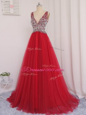 Fine Sleeveless Brush Train Backless Beading Prom Evening Gown