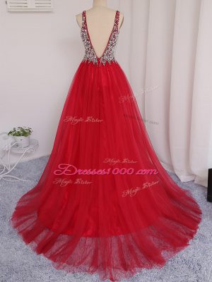 Fine Sleeveless Brush Train Backless Beading Prom Evening Gown