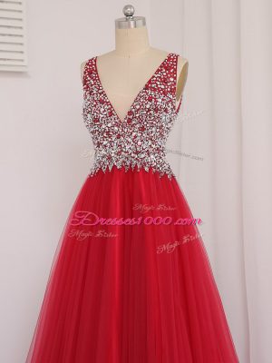 Fine Sleeveless Brush Train Backless Beading Prom Evening Gown