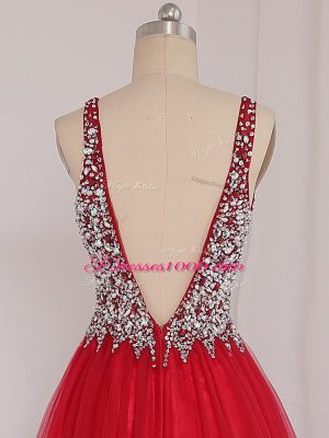 Fine Sleeveless Brush Train Backless Beading Prom Evening Gown