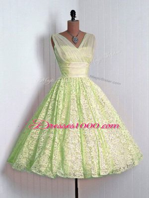 Yellow Green Lace Up V-neck Lace Bridesmaids Dress Lace Sleeveless