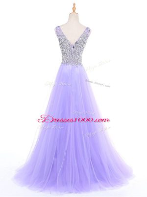 Lavender Tulle Zipper V-neck Sleeveless Floor Length Evening Outfits Beading