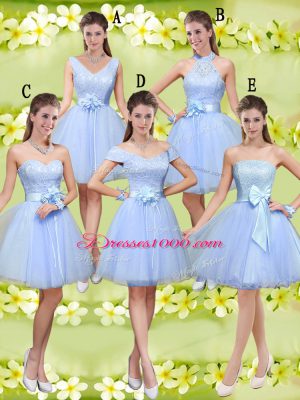 High Quality Tulle V-neck Sleeveless Lace Up Lace and Belt Bridesmaid Dresses in Lavender