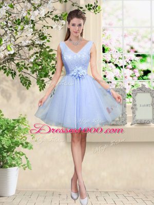 High Quality Tulle V-neck Sleeveless Lace Up Lace and Belt Bridesmaid Dresses in Lavender