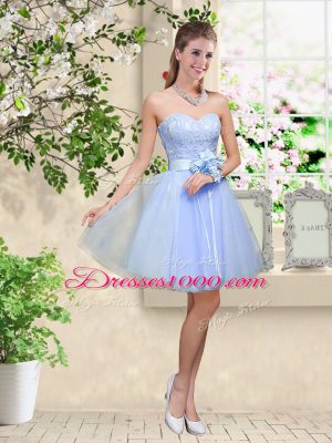 High Quality Tulle V-neck Sleeveless Lace Up Lace and Belt Bridesmaid Dresses in Lavender