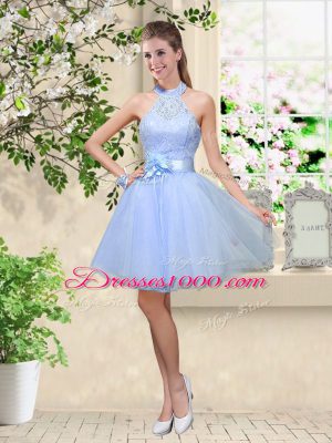 High Quality Tulle V-neck Sleeveless Lace Up Lace and Belt Bridesmaid Dresses in Lavender