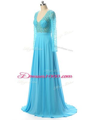 High Class Chiffon V-neck Long Sleeves Brush Train Zipper Beading Mother of the Bride Dress in Baby Blue