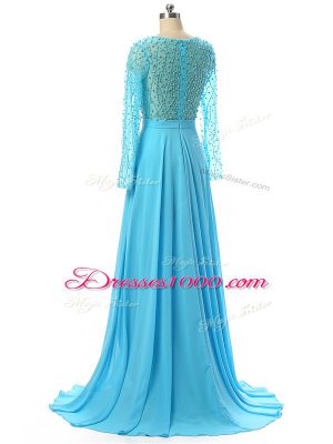 High Class Chiffon V-neck Long Sleeves Brush Train Zipper Beading Mother of the Bride Dress in Baby Blue