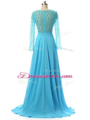 High Class Chiffon V-neck Long Sleeves Brush Train Zipper Beading Mother of the Bride Dress in Baby Blue