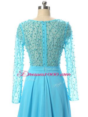 High Class Chiffon V-neck Long Sleeves Brush Train Zipper Beading Mother of the Bride Dress in Baby Blue