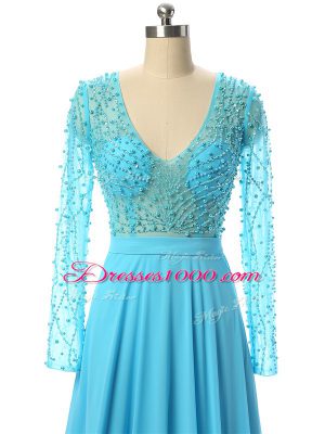 High Class Chiffon V-neck Long Sleeves Brush Train Zipper Beading Mother of the Bride Dress in Baby Blue