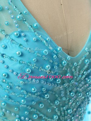 High Class Chiffon V-neck Long Sleeves Brush Train Zipper Beading Mother of the Bride Dress in Baby Blue