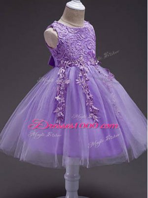 Lace and Belt Kids Pageant Dress Lavender Zipper Sleeveless Knee Length