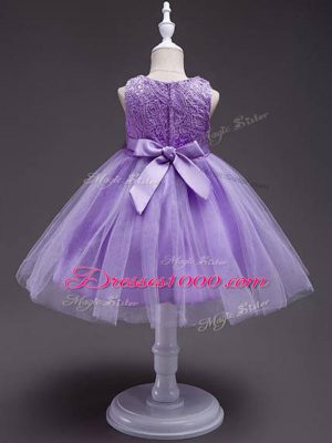 Lace and Belt Kids Pageant Dress Lavender Zipper Sleeveless Knee Length