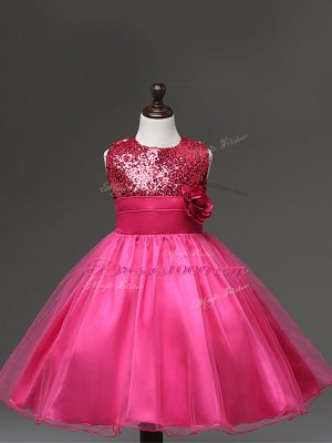 Beautiful Sleeveless Knee Length Sequins and Hand Made Flower Zipper Girls Pageant Dresses with Hot Pink