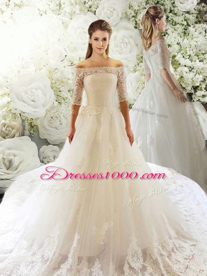 White Ball Gown Prom Dress Wedding Party with Lace Off The Shoulder Half Sleeves Court Train Lace Up