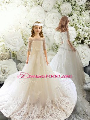 White Ball Gown Prom Dress Wedding Party with Lace Off The Shoulder Half Sleeves Court Train Lace Up