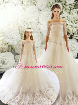 White Ball Gown Prom Dress Wedding Party with Lace Off The Shoulder Half Sleeves Court Train Lace Up