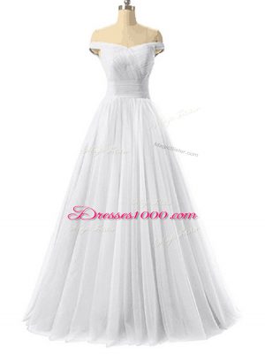 Traditional White Sleeveless Floor Length Ruching Lace Up Formal Evening Gowns