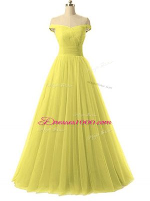 Traditional White Sleeveless Floor Length Ruching Lace Up Formal Evening Gowns