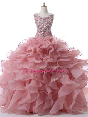 Sleeveless Floor Length Beading and Ruffles Zipper Quinceanera Dress with Pink