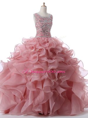 Sleeveless Floor Length Beading and Ruffles Zipper Quinceanera Dress with Pink