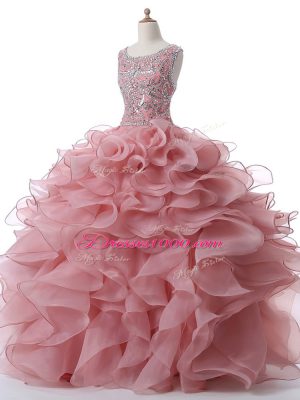 Sleeveless Floor Length Beading and Ruffles Zipper Quinceanera Dress with Pink