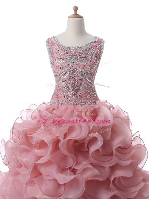 Sleeveless Floor Length Beading and Ruffles Zipper Quinceanera Dress with Pink