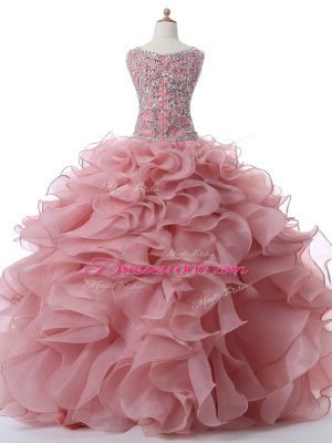 Sleeveless Floor Length Beading and Ruffles Zipper Quinceanera Dress with Pink