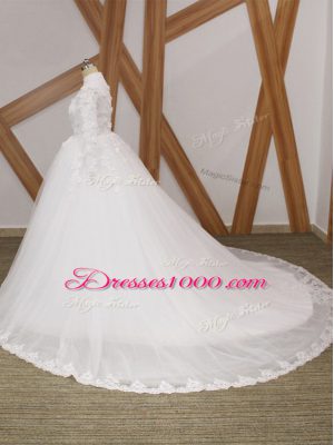 Lovely White Wedding Gown Wedding Party with Lace and Appliques High-neck Long Sleeves Court Train Zipper